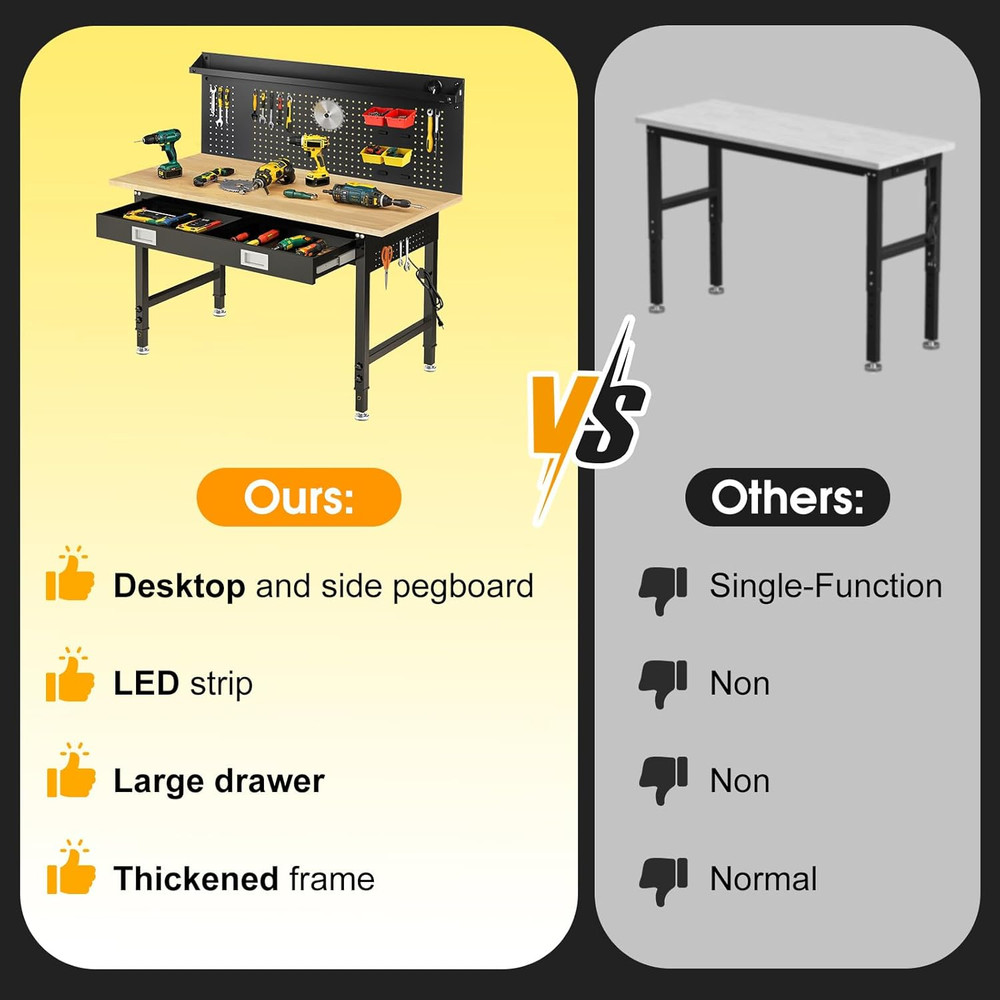 60" Adjustable Work Bench with Drawers, Workbench for Garage with Strip Light, W