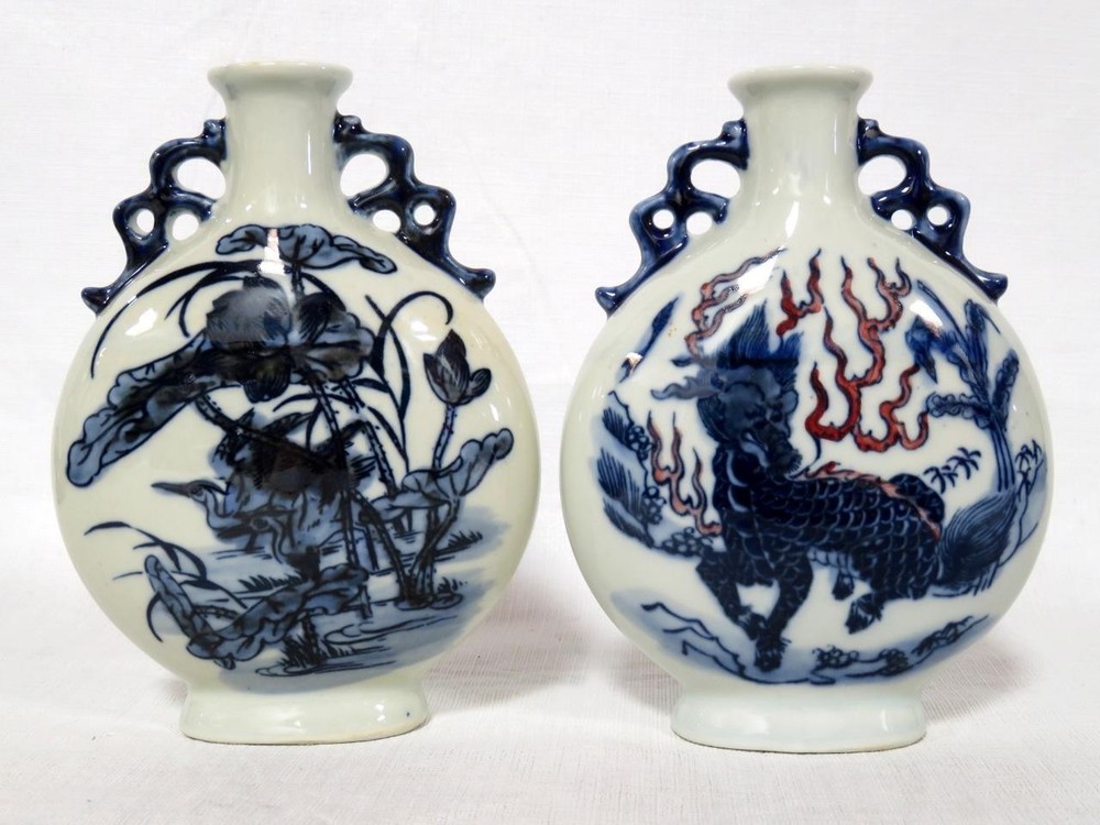 Pair of 6.5" Blue & White Moon Flask, Pilgrim Bottles - Same Stamp Underneath