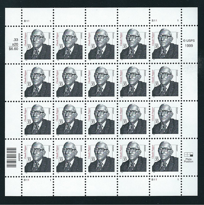 Scott # 3426...33 Cent...Claude Pepper...Pane With 20 Stamps