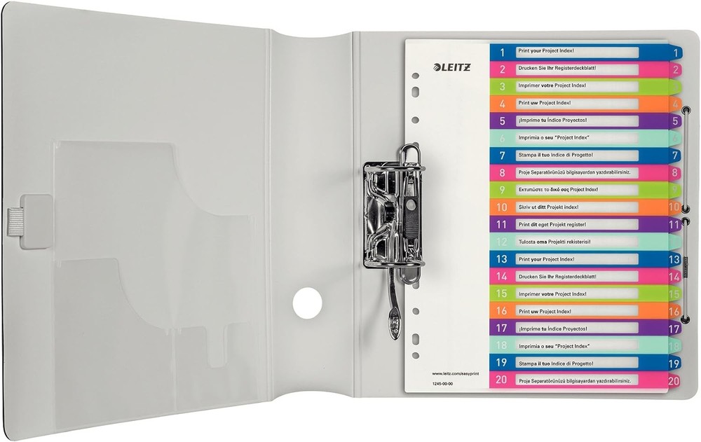 Leitz 1-20 Index, A4, PC Printable, Heavy Duty Plastic, Extra Wide, White/Multi-