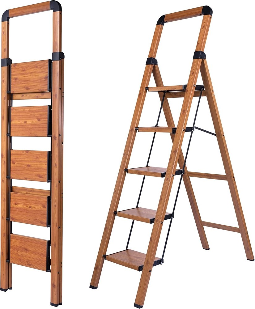 Step Ladder Folding 5-Step Woodgrain Finish Aluminum Foldable Step Ladders