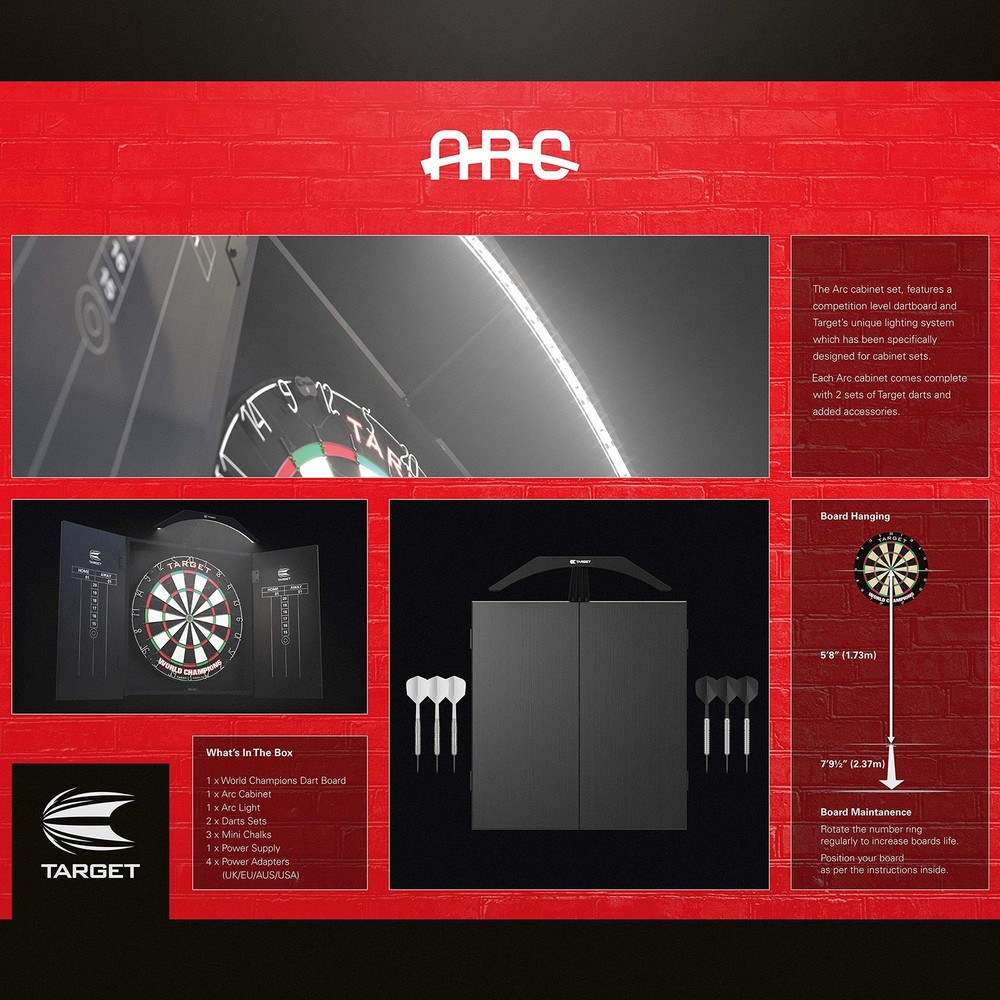 Target Darts Arc Dartboard Lighting System Home Cabinet Set
