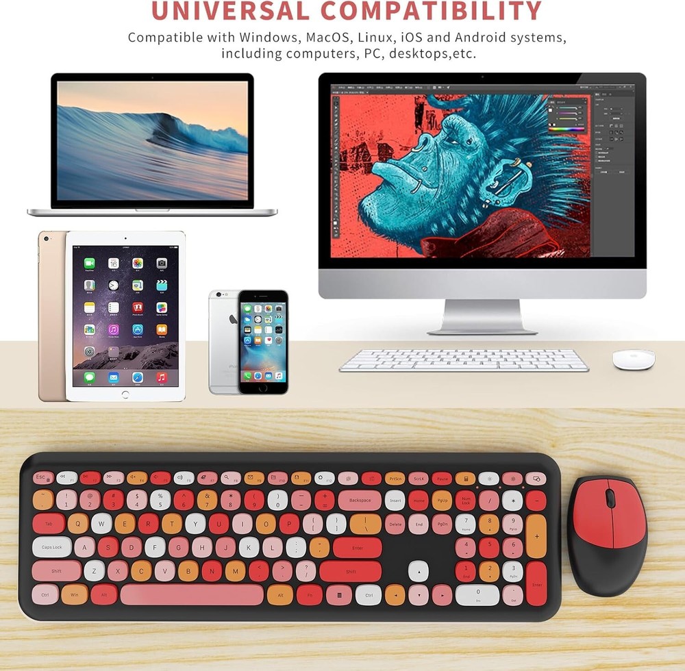 Colorful Ergonomic Wireless Keyboard & Mouse Combo with Retro Design - Low Noise