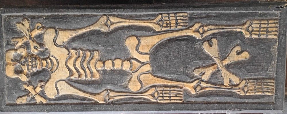 Wooden Chest with Skeleton Carving, Black Beige Rectangular, Hinged Door