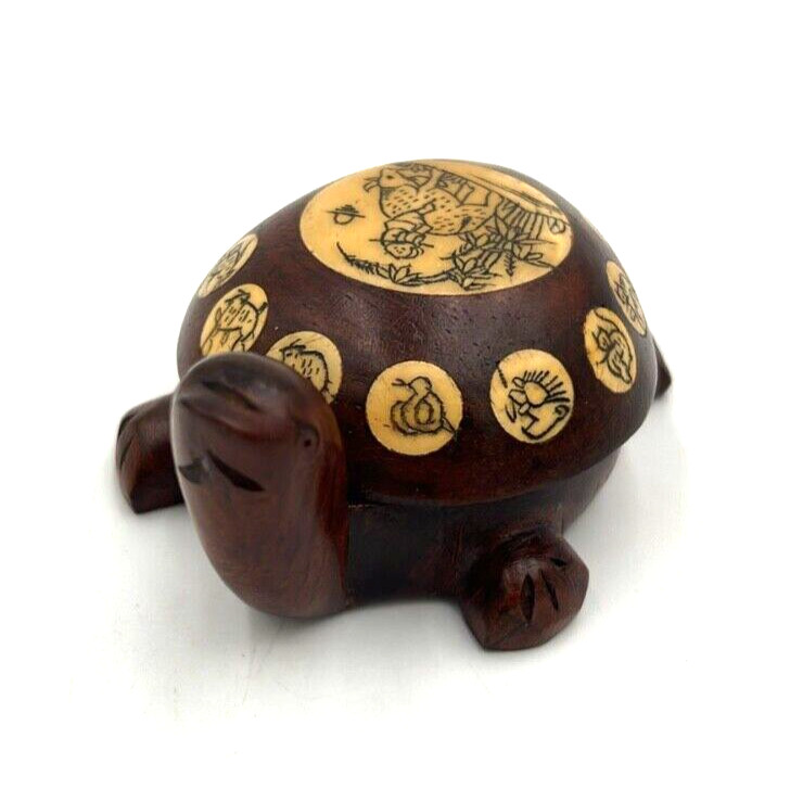 Chinese Wooden Zodiac Turtle With Compass