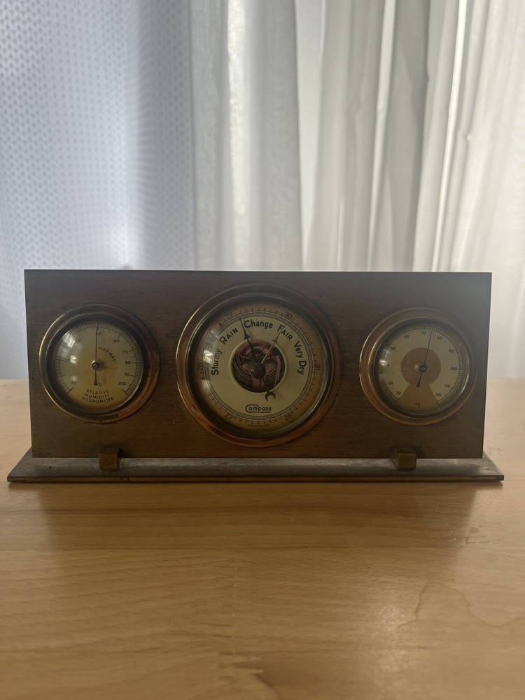 Vintage Made In Germany Barometer Hygrometer Temperature Solid Brass Compass