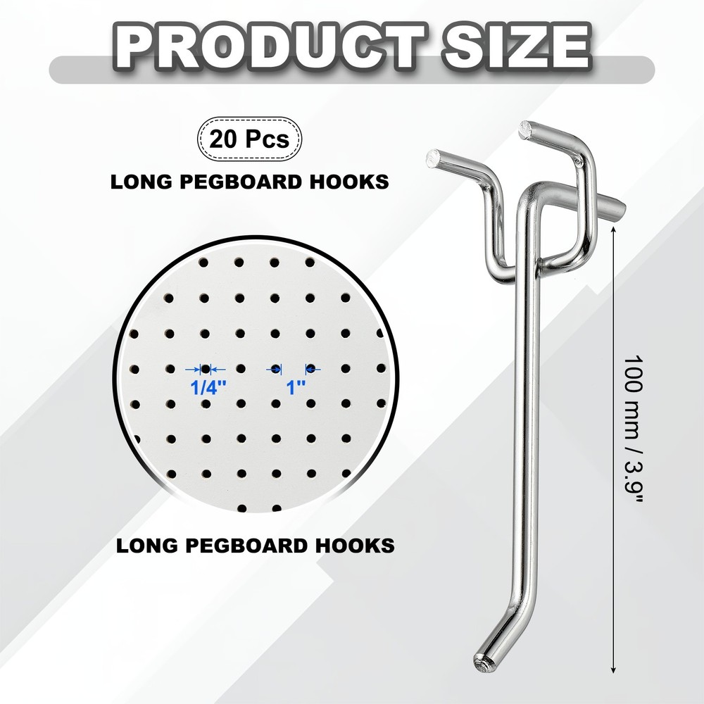 20 Pcs Pegboard Hooks, 3.9" Peg Board Hooks Kit, Silver Tone (1mm)