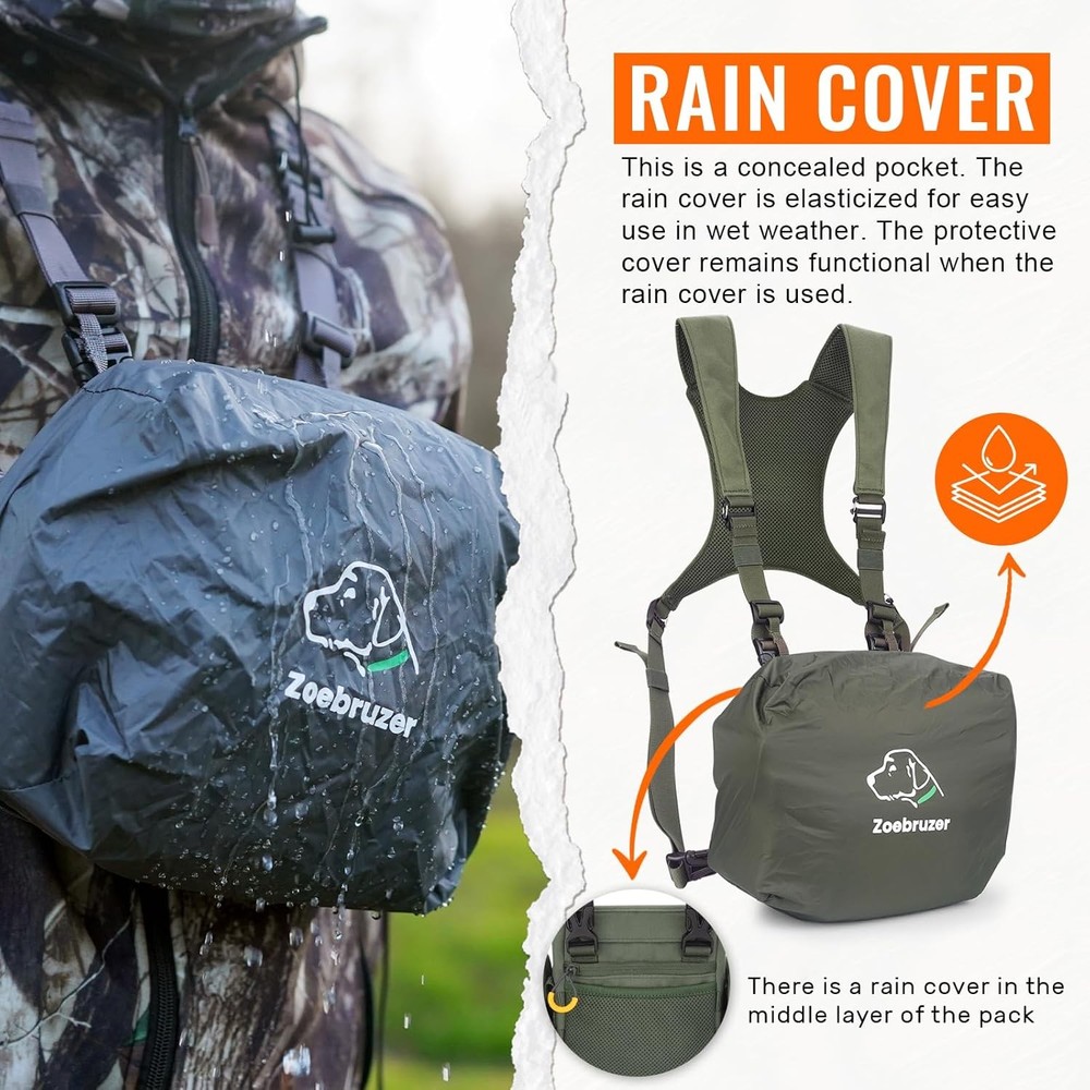 Binocular Harness Chest Pack, Bino Harness Bag with Rangefinder Pouch & Rain Cov
