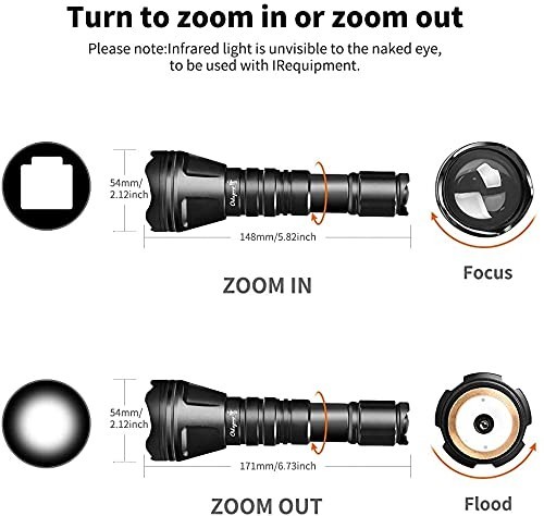 850nm IR Illuminator Flashlight for Night Vision, Adjustable Focus, Stepless Dim