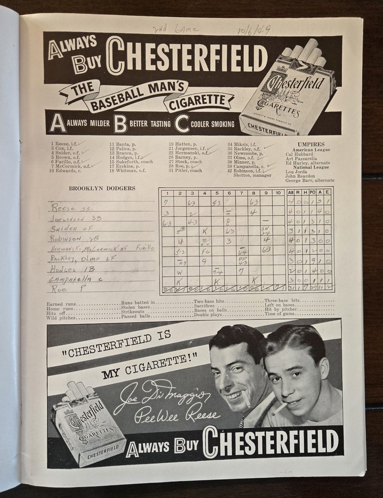 1949 World Series Program New York Yankees vs Brooklyn Dodgers game 2