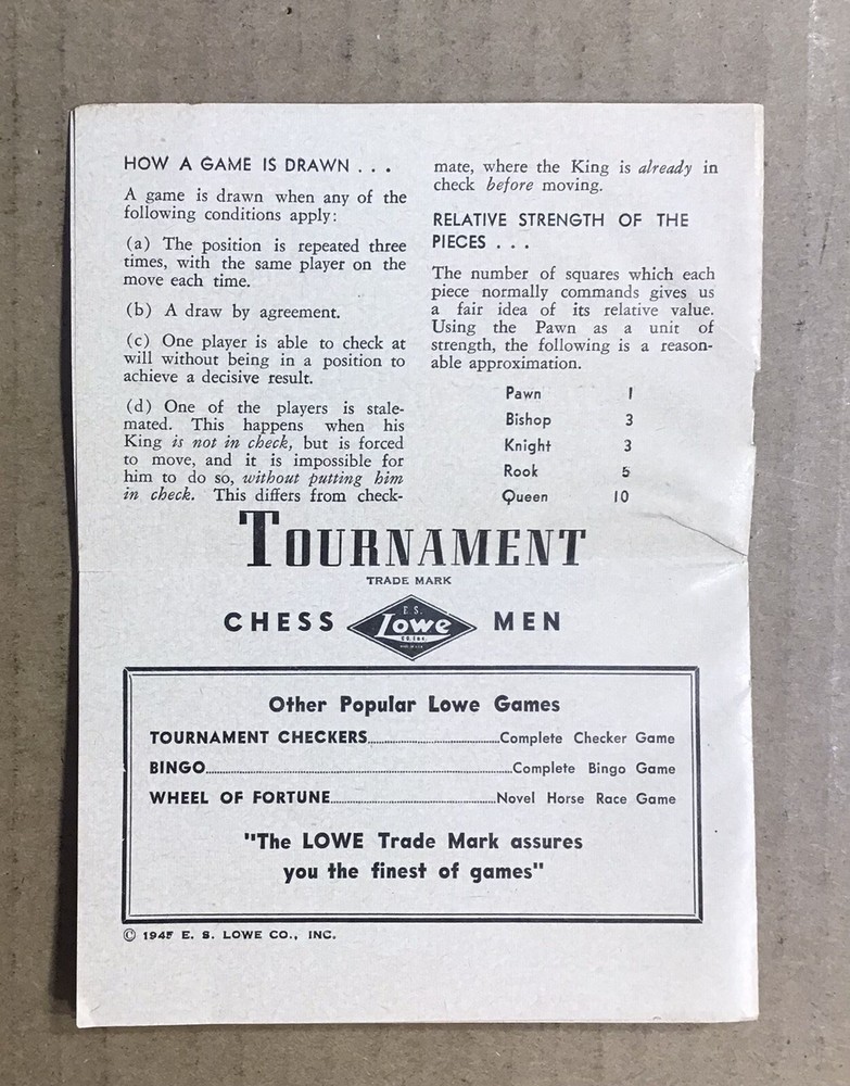 Vintage 1945 E. S, Lowe Co. Tournament Chessmen Staunton Pattern Set & Rules