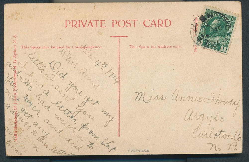 Holtville, NB - 1914 Split Ring Cancel on Postcard