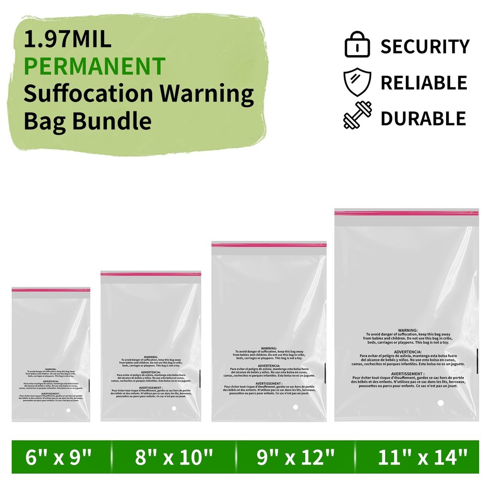 Self Seal Plastic Bags 1.5 mil Clear with Suffocation Warning Printed