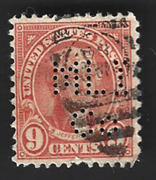 Scott# 641 9c JEFFERSON with Perfins & Duplex Cancel - (B-3)