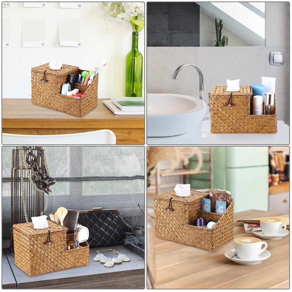 Square Woven Tissue Box Cover - Decorative Cube Tissue Box Holder with Side O...