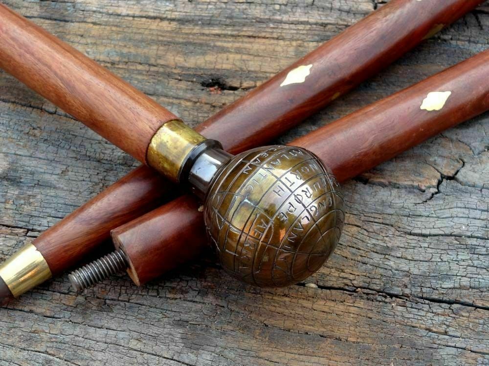 Wooden Walking Stick with Globe Brown