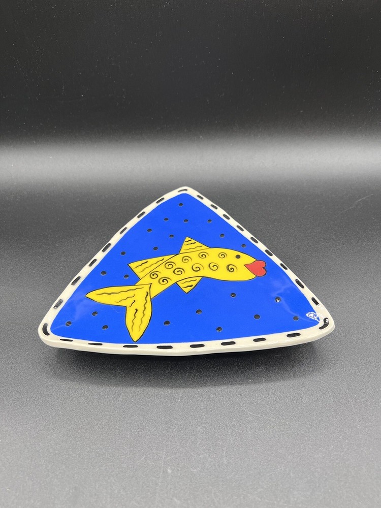 Hand Thrown Ceramic Raised Dish by DMF, Fish, Triangular Shape