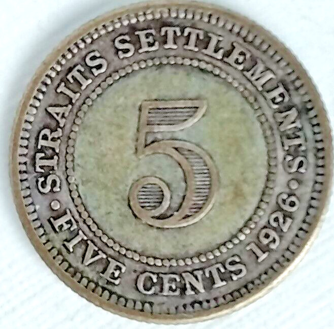 1926 STRAITS SETTLEMENTS -  5 CENT - GEORGE V   -  SILVER .60 - GOOD GRADE