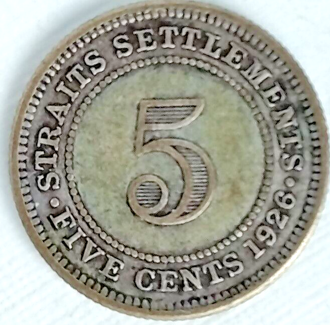 1926 STRAITS SETTLEMENTS - 5 CENT - GEORGE V - SILVER .60 - GOOD GRADE