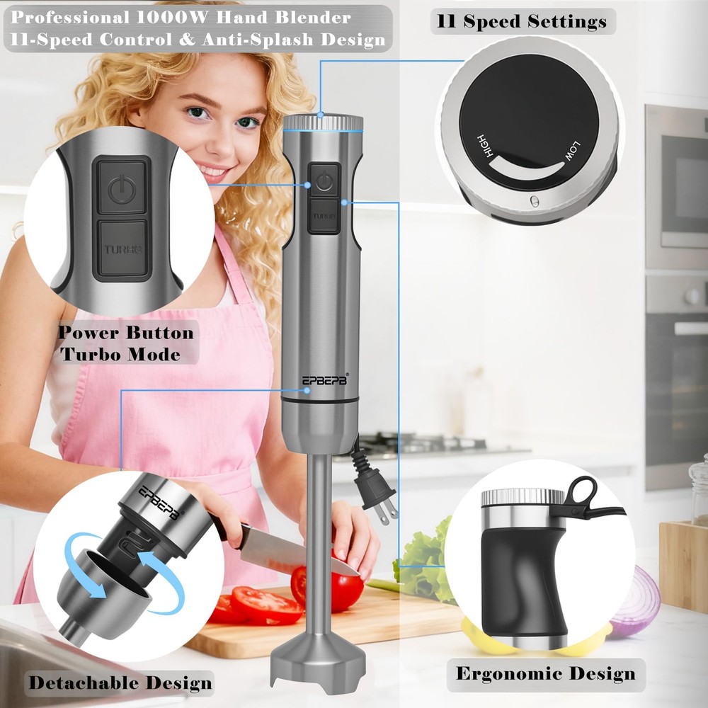 Handheld Immersion Blender Bundle, 1000W Powerful 11-in-1 Set for Smoothies,O...