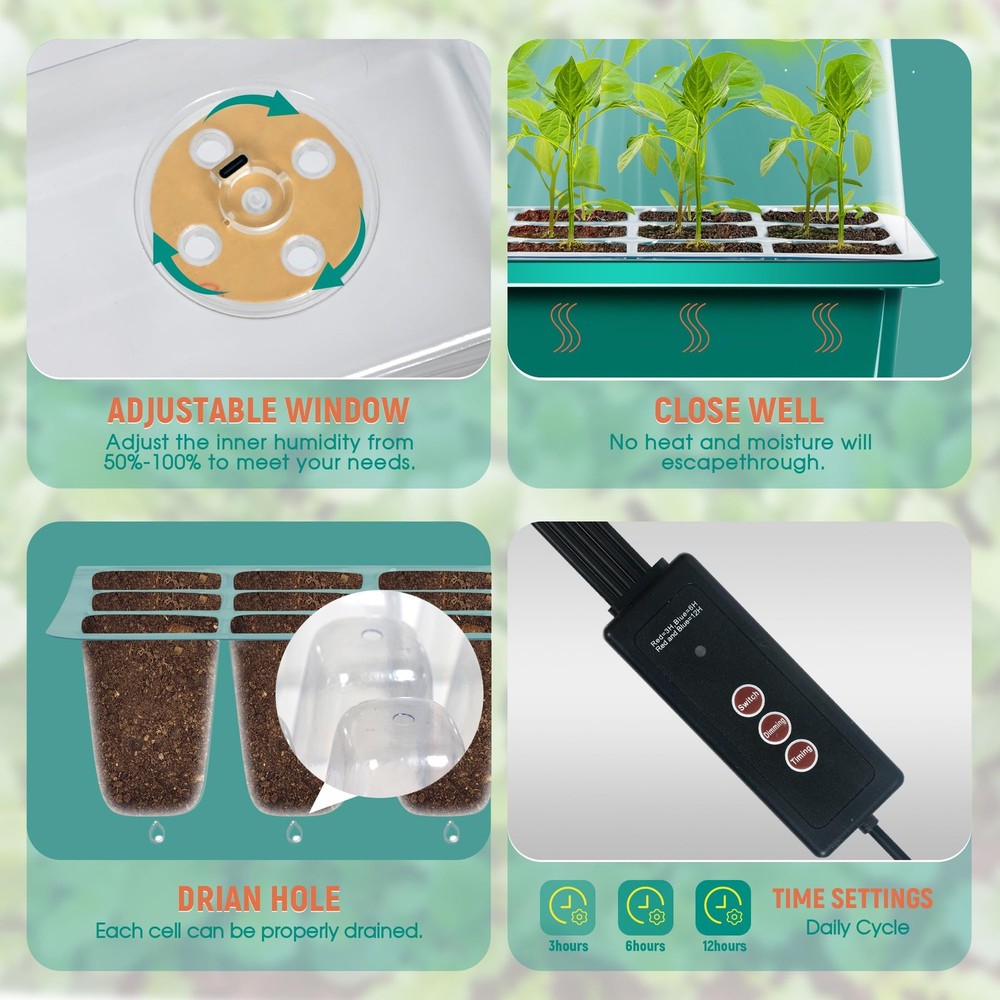 Starter Tray with Grow Light with Timing Controller Adjustable Humidity Domes