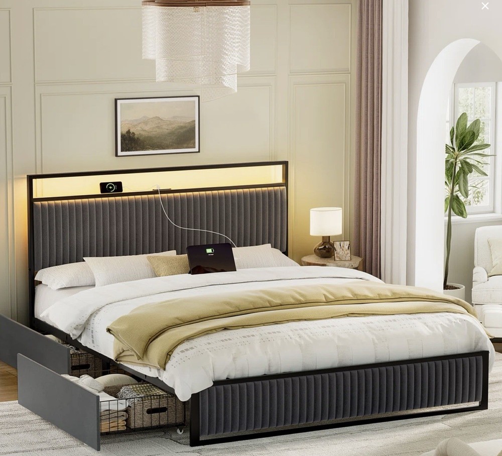 Antioch Queen Bed Frame with Storage, LED & Charging Station