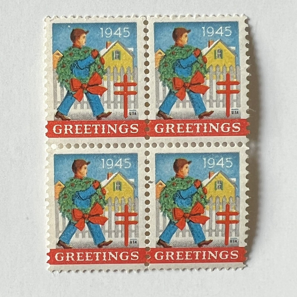 ERROR 1945 CHRISTMAS SEAL BLOCK WITH WHITE DOT ABOVE HEAD MNH