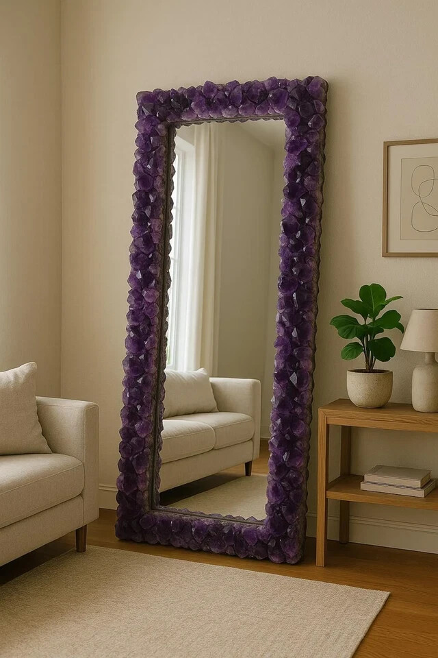 24"x18" Amethyst Wall Mirror Frame | Handmade Natural Gemstone Crystal Mirror