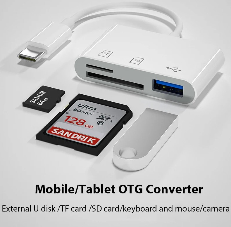 1pc USB-C Memory Card Reader TF SD CF OTG Adapter Compact White Hub - NEW