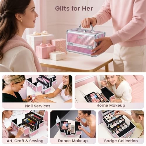 Portable Makeup Train Case Organizer with Mirror, Locking Storage for Cosmetics