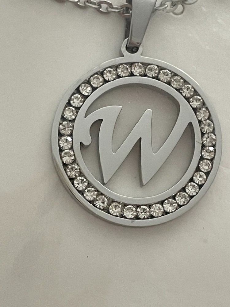 Initial W Pendant Silver Tone Rhinestone Necklace