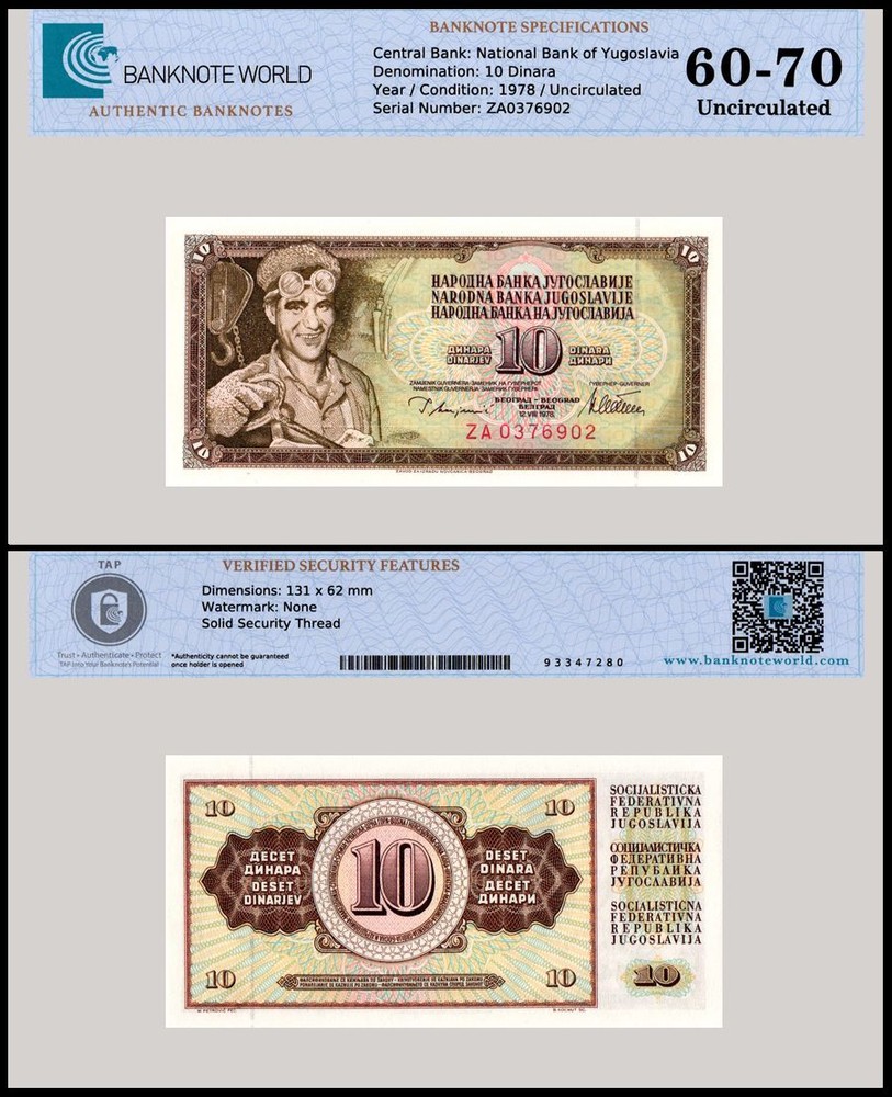 Yugoslavia 10 Dinara, 1978, P-87az, UNC, Replacement, Authenticated Banknote