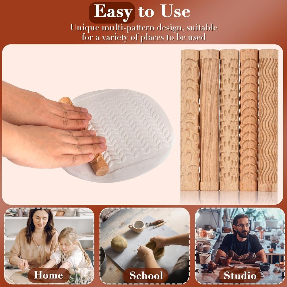 Set of 5 Wooden Handle Pottery Tools Clay Modeling Pattern Rollers Kit Brown ...