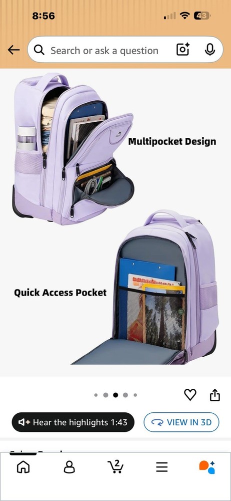 Matein 17” Wheeled Rolling Backpack Purple