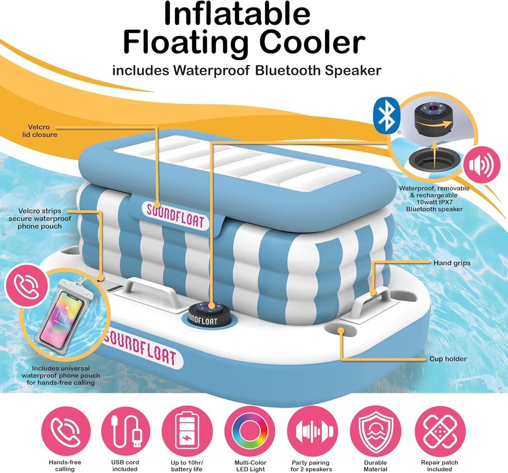 Inflatable Cooler with Bluetooth Speaker 24 Can Floatable Pool Bar Blue White