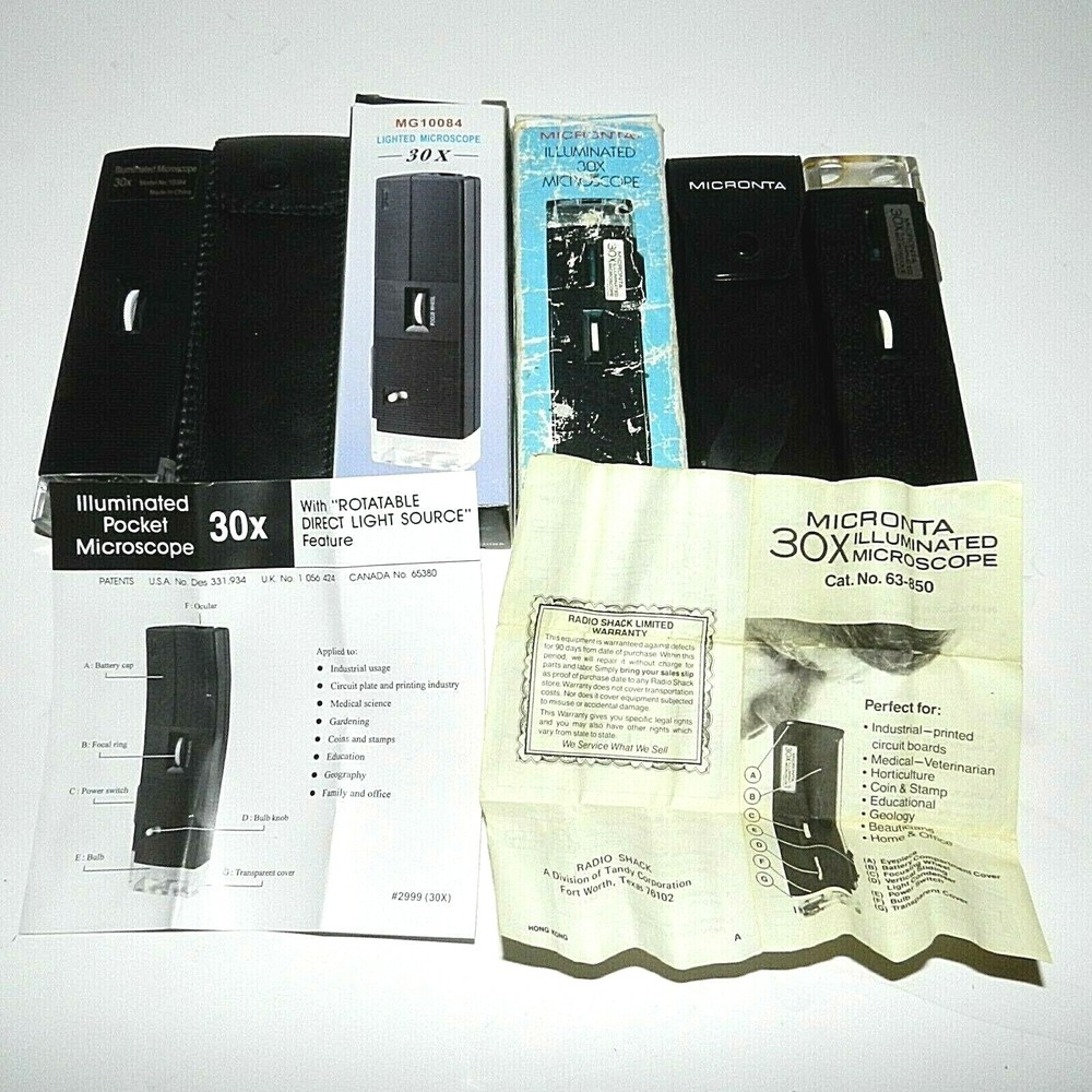 2 Pc Vintage Micronta 30X Illuminated And MG10084 Microscope With Cases & Guide