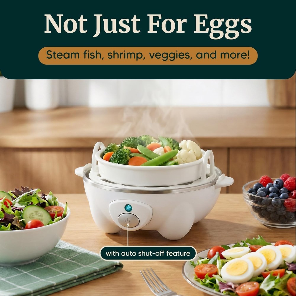 Compact White Egg Cooker: Perfectly Boil and Poach 7 eggs with Auto Shut-Off