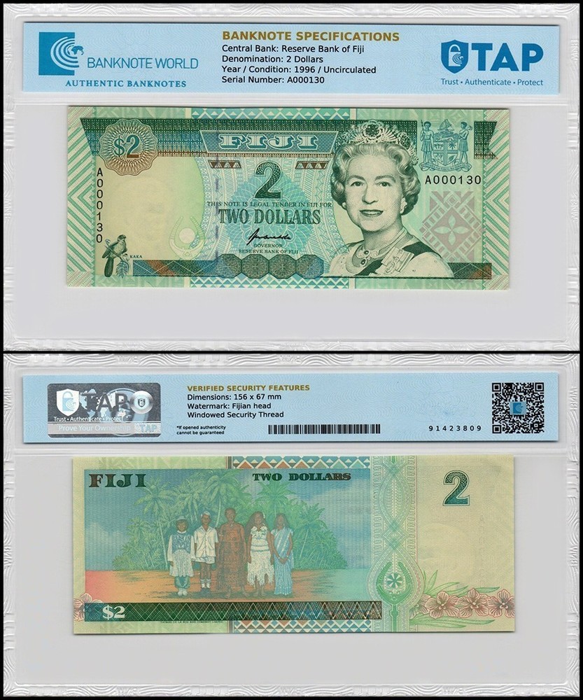 Fiji 2 Dollars, 1996 ND, P-96a, UNC, TAP Authenticated