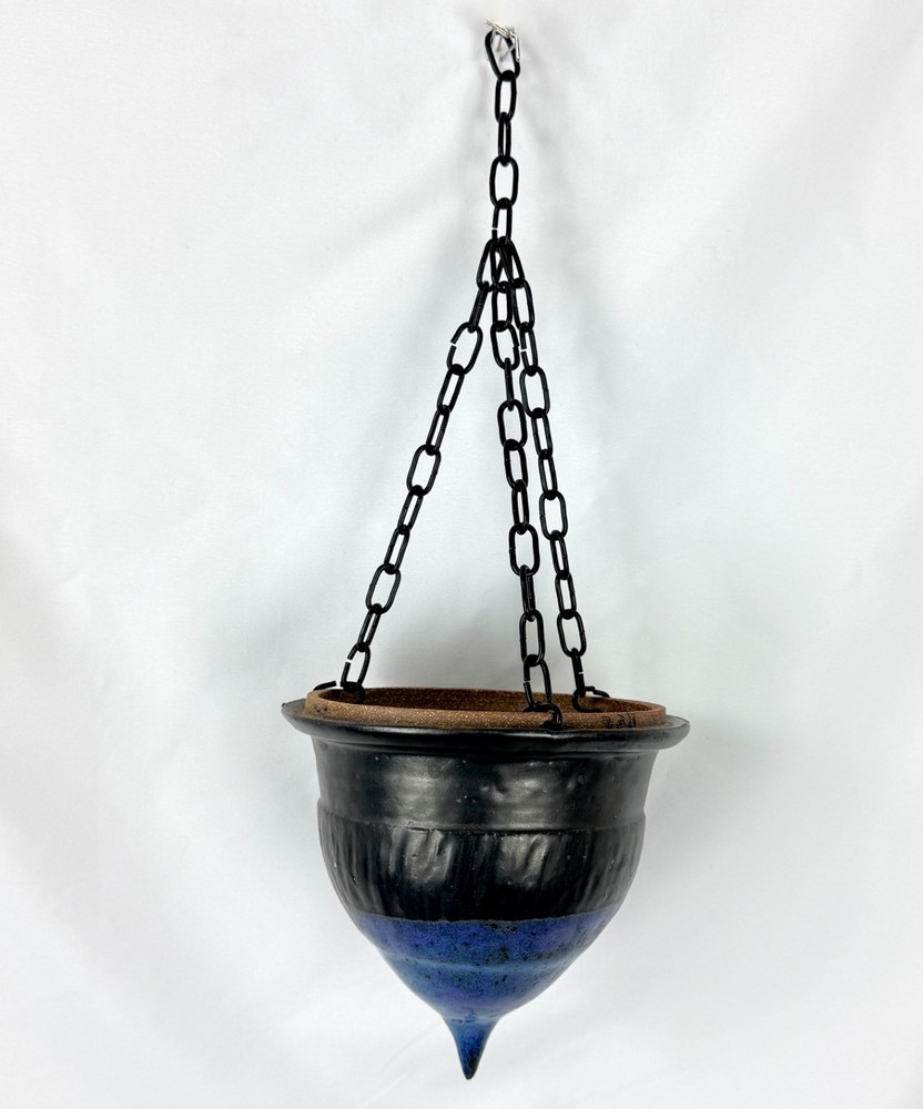 Studio Pottery Hanging Planter Blue Black Glaze REZ Signed