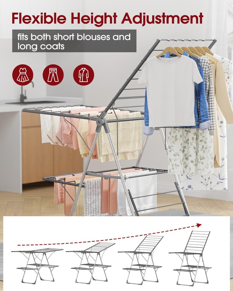 Clothes Drying Rack, Foldable 2-Level Laundry Drying Rack with Height-Adjusta...