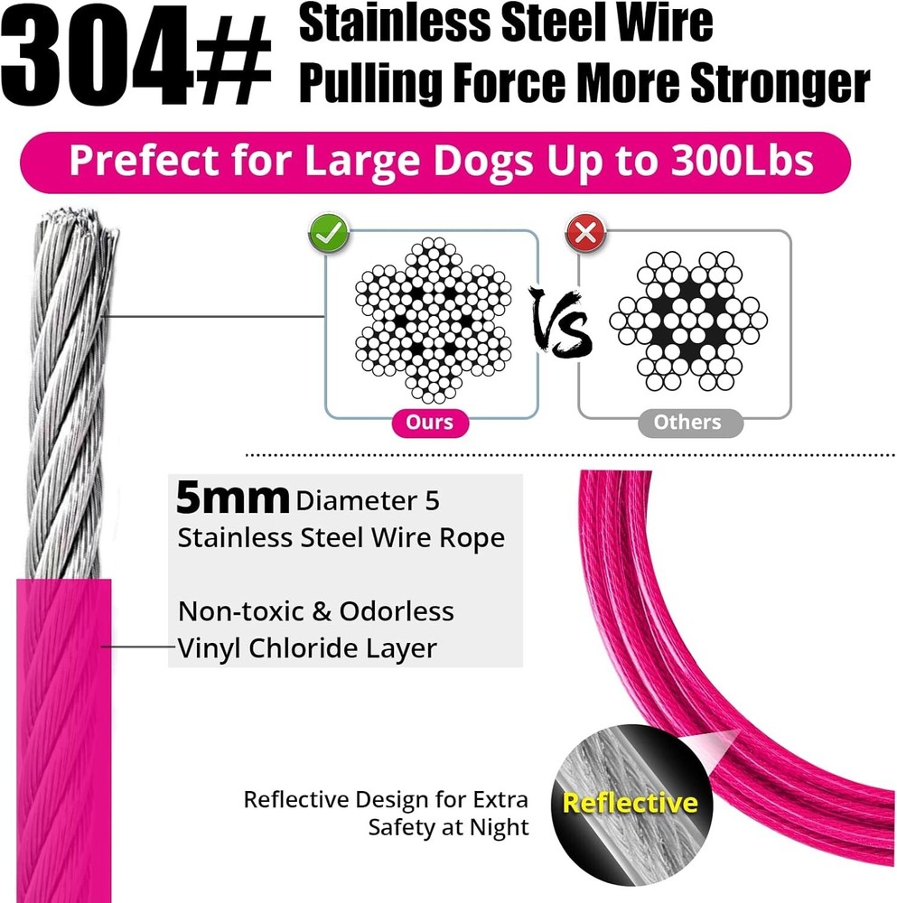 Heavy Duty Dog Leash Runner - 15FT Tie Out Cable with Secure Locking Hook