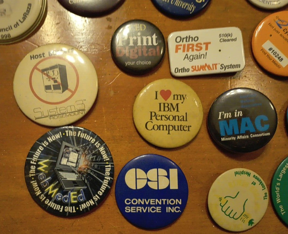 Vintage Early Computer Buttons Pins, Computer Tech Shows Lot