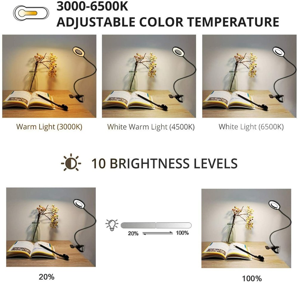 LED Clip On Desk Lamp Flexible Arm USB Dimmable Study Reading Table Light NEW