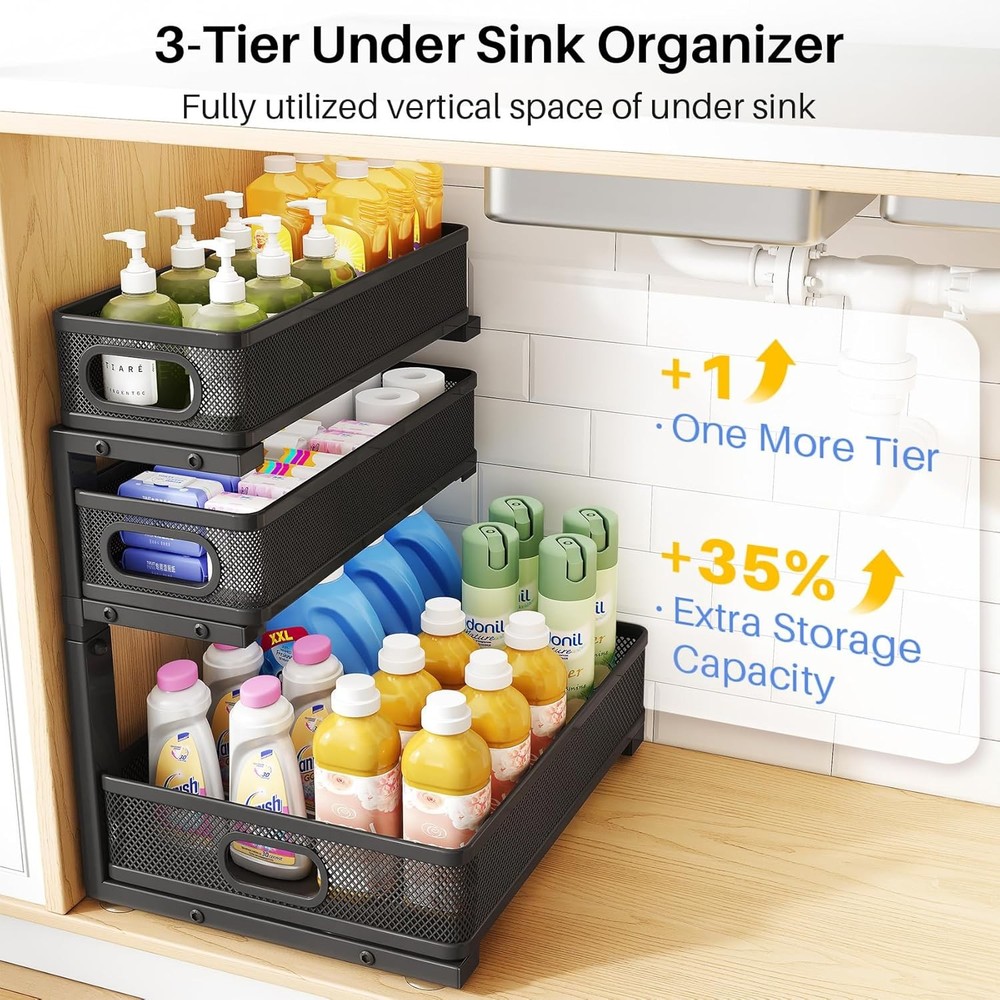 Under Sink Organizer 2-Pack 3-Tier Thickened Metal Pull out Cabinet Organizer