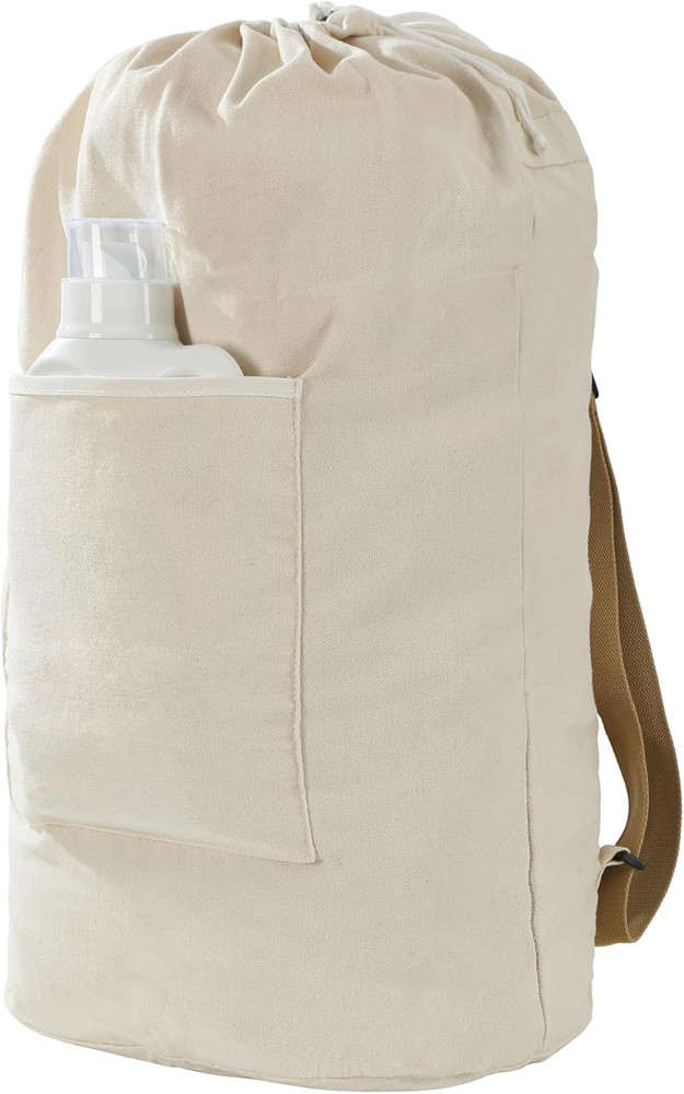 Canvas Laundry Bag, Washable Laundry Backpack, Adjustable Straps, Large Front Po