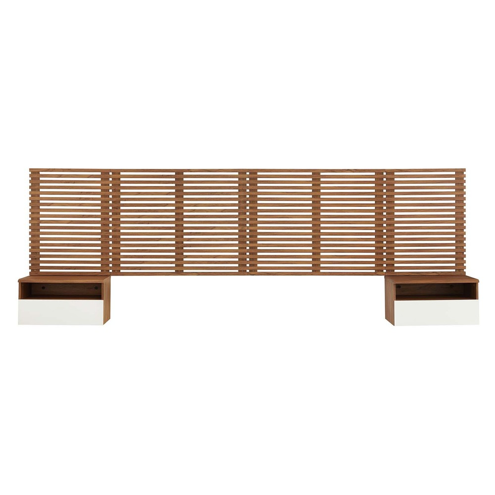 Modway Render Wall Mount King Headboard and Modern Nightstands in Walnut