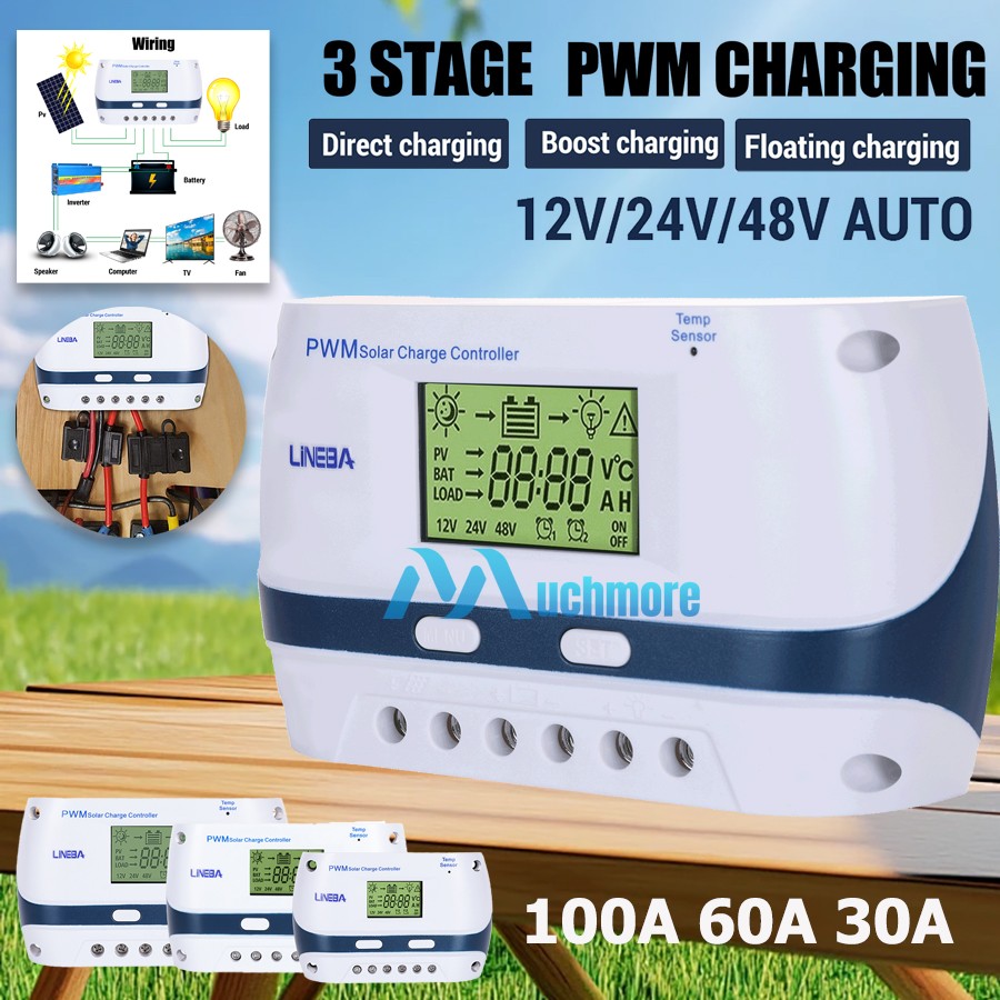 12V/24V/48V 100A PWM Solar Charge Controller Panel Lithium Battery Regulator USB
