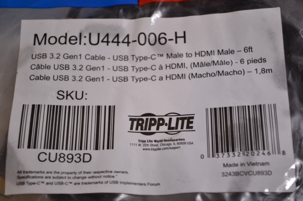 Tripp Lite U444006H 6' USB Type C to HDMI Cable - Black