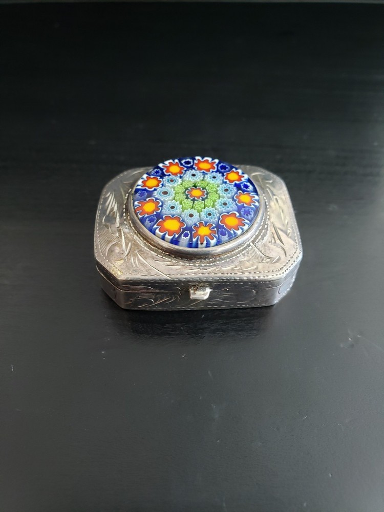 Murano Millefiore Hinged Sterling Pill Box #0194