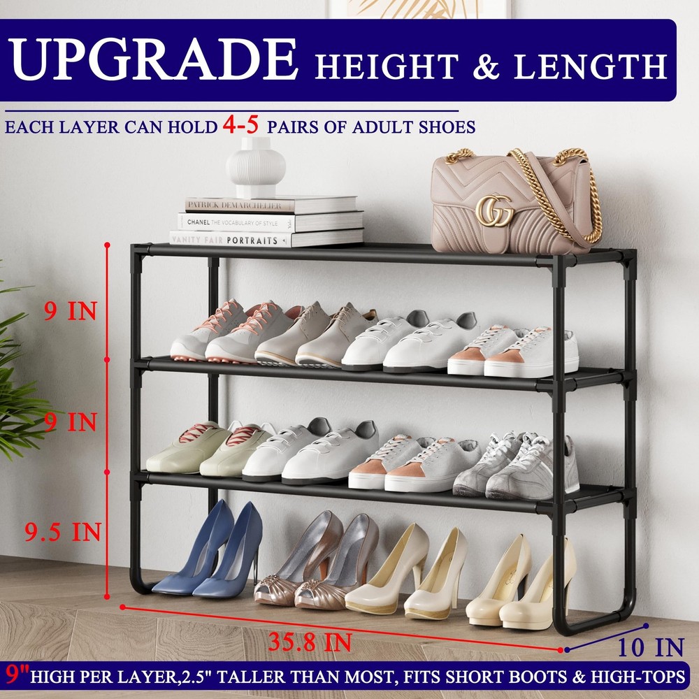 Long Shoe Rack, 3-Tier Stackable Shoe Organizer for Closet, Entryway, Hallway...